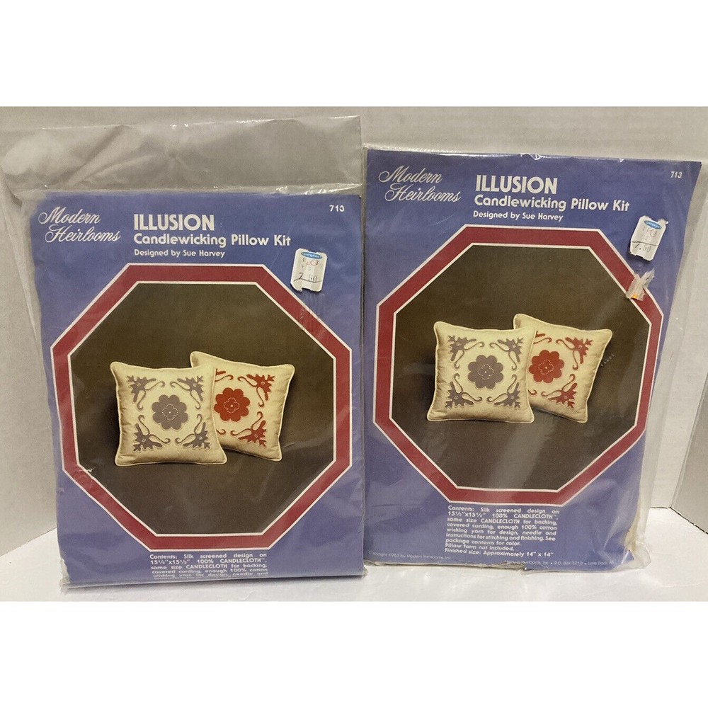 2 Vintage Modern Heirlooms Illusion Candlewicking Pillow Kit 14" SQ #713